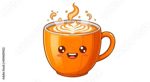 Cute coffee cup latte art cappuccino beverage drink cafe art cartoon illustration kawaii happy smile on transparent background