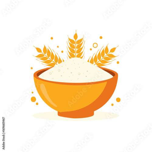 Stylized Bowl of White Flour with Golden Wheat Stalks Baking Ingredients