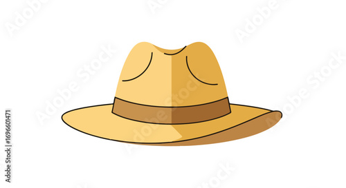 Cartoonish golden sun hat illustration featuring a brown band, isolated on a plain white background, ideal for design elements