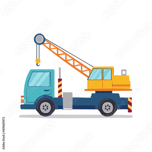 Cartoon Crane Truck Illustration, Flat Vector Design, Construction Vehicle