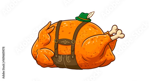 Roasted fowl poultry oktoberfest celebration bavarian attire festive meal cartoon illustration design on transparent background