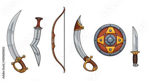 Cartoon weapons and shield set on plain white background.
