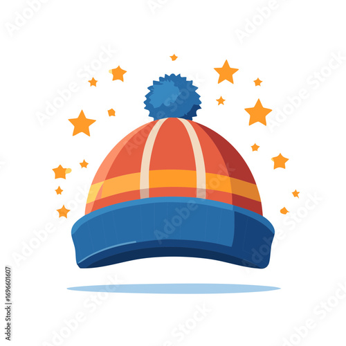 Colorful Knitted Winter Hat with Pompom and Floating Stars Illustration