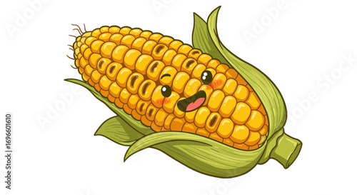 Cute corn cob cartoon illustration sweetcorn maize agriculture vegetable healthy food happy face kawaii style on transparent background