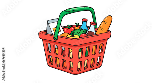 Red shopping basket full of groceries food fresh produce vegetables fruits dairy bread illustration on transparent background