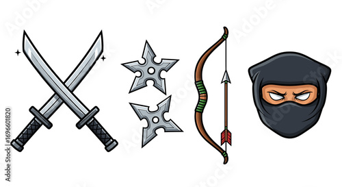 Cartoon ninja weapon and character collection in vector illustration format