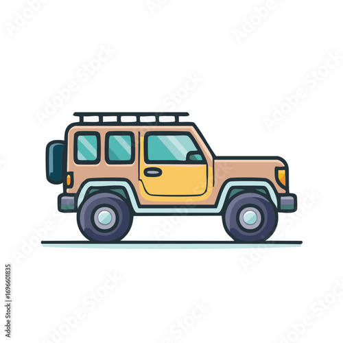 Flat design illustration of a beige off-road vehicle with roof rack for adventure