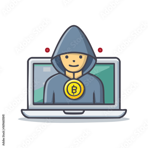 Hacker with Bitcoin cryptocurrency on laptop screen