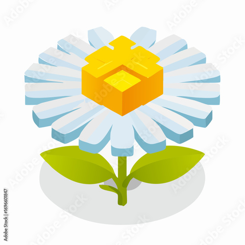 Isometric Daisy with Cubic Center and Stylized Leaves Modern Design