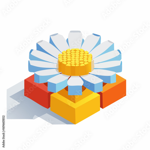 Isometric Daisy Flower on Colorful Cubes Stylized Design with Geometric Petals