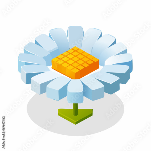 Isometric Daisy with Square Center and Stylized Petals in Soft Blue