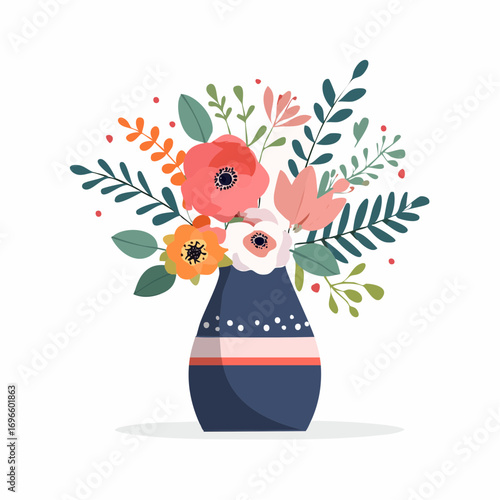 Stylized Floral Arrangement in a Navy Vase with White and Coral Accents