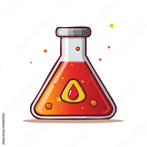 Illustration of a cartoon conical flask with orange-red liquid and floating droplets.