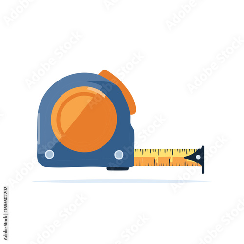 Flat design illustration of a blue and orange retractable measuring tape tool for construction