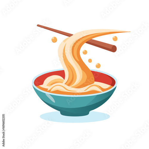 Cartoon Noodles in a Bowl with Chopsticks, Asian Cuisine Concept