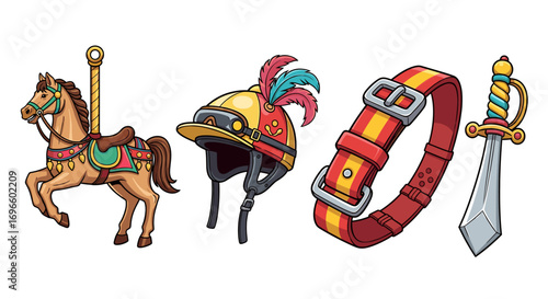 Whimsical Carousel Horse, Helmet, Belt and Sword Set in Cartoon Style