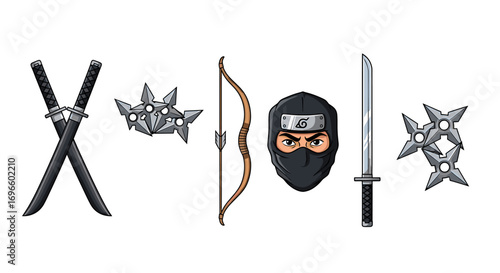 Ninja Arsenal: A Collection of Weapons and Character on White Background