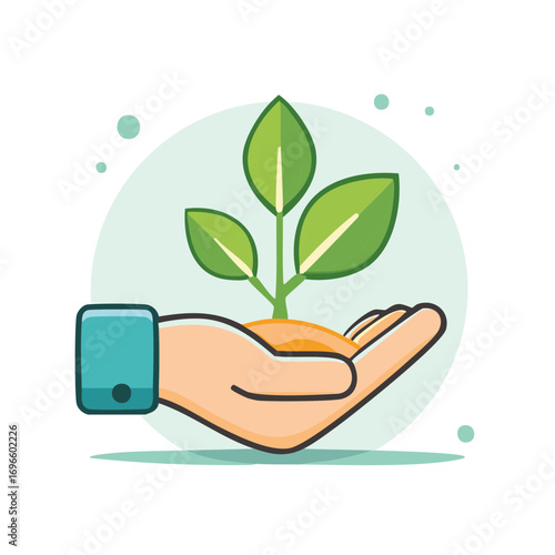 Green plant seedling growing in an open caring hand with soft circle background