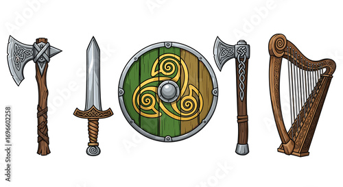 Celtic Weapons and Symbolism Featuring Axe, Sword, Shield and Harp