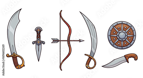 Medieval weaponry: Cartoon illustration of assorted weapons on a white backdrop