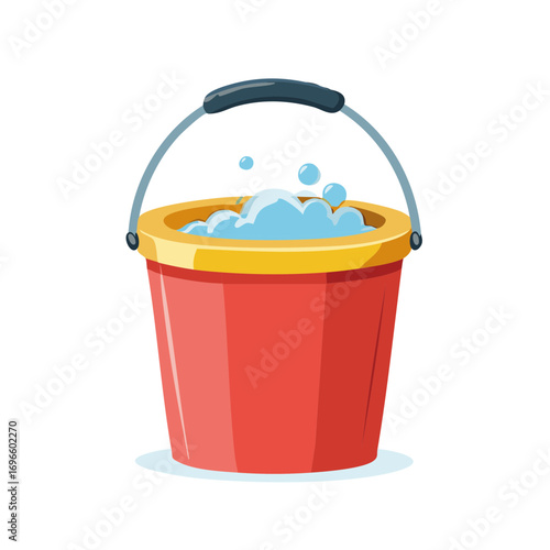 Red bucket filled with foamy soapy water for cleaning illustration