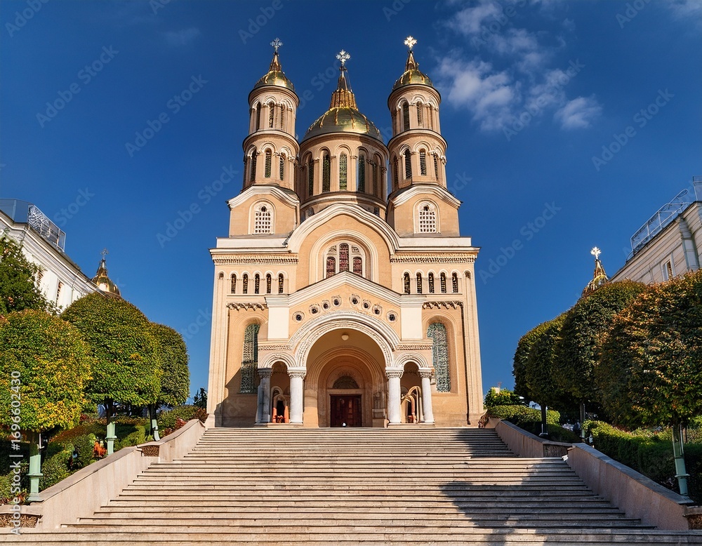 Obraz premium photo of the action in front view tibuist cathedral in t ozovetani near frame with stairs and white steps on blue sky background in blurred foreground in tog middle east city with buildings and green