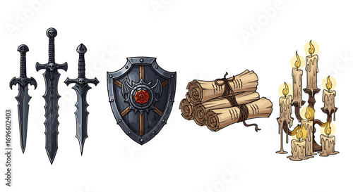 Fantasy Game Assets: Swords, Shield, Scrolls, and Candelabra Isolated