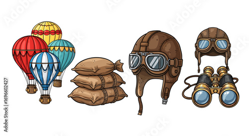 Whimsical Collection of Vintage Aeronautics Equipment and Hot Air Balloons