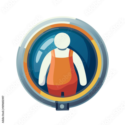 Stylized Illustration of a Person in Overalls within a Circular Frame Design