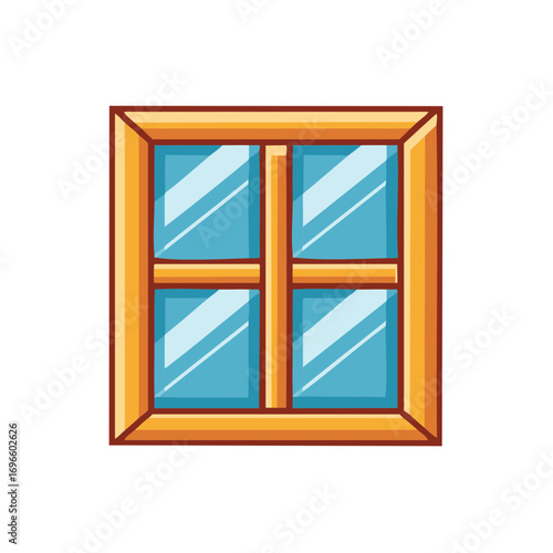 Cartoon window with wooden frame and four blue glass panes vector illustration