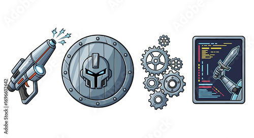 Futuristic game assets featuring blaster, shield, gears, and tactical display.