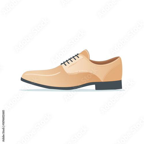 Illustration of a tan formal shoe, side view, with black laces and details for a classic elegant design.