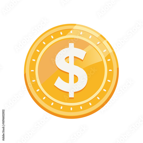 Gold Colored Currency Coin Featuring American Dollar Sign in Center with Circular Design Elements Vector Illustration