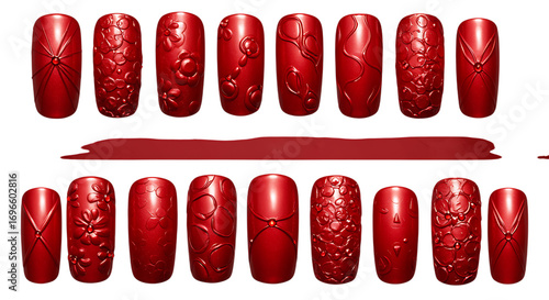 red nail designs with intricate patterns on transparent background