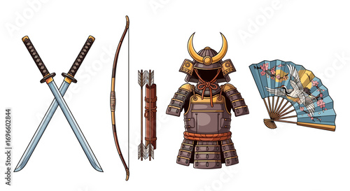 Traditional Japanese Samurai Armory Featuring Swords, Bow, Armor and Fan