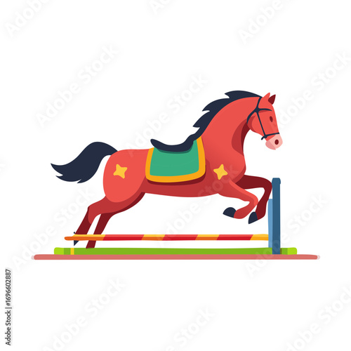 Red toy horse jumping over a colorful obstacle in a flat illustration style