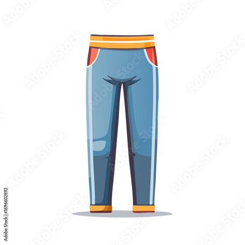 Cartoon Illustration of Blue Pants with Orange and Red Trim, Casual Apparel