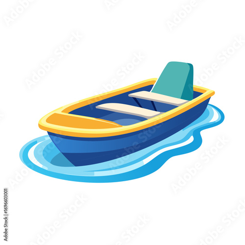 Small blue yellow rowboat boat floats on water ocean lake transport vessel, recreational boating rowing nautical