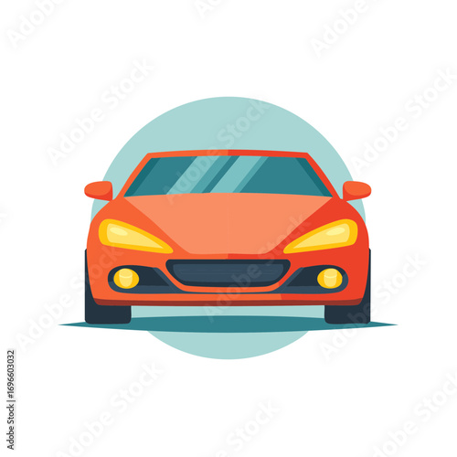 Front view of a modern sporty car in orange and light blue circle on white