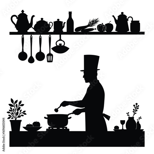 Chef silhouette with top hat cooking on a stove kitchen