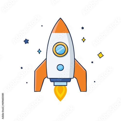Cartoon rocket ship blasting off in space with stars illustration