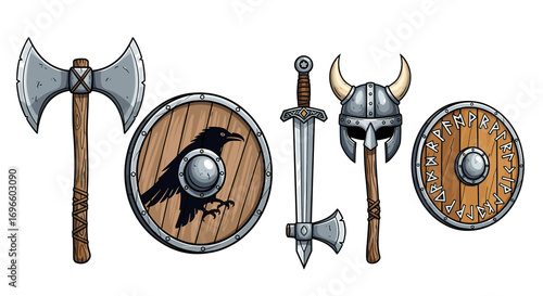 Assorted Viking Weapons and Shield Designs, Illustration Style