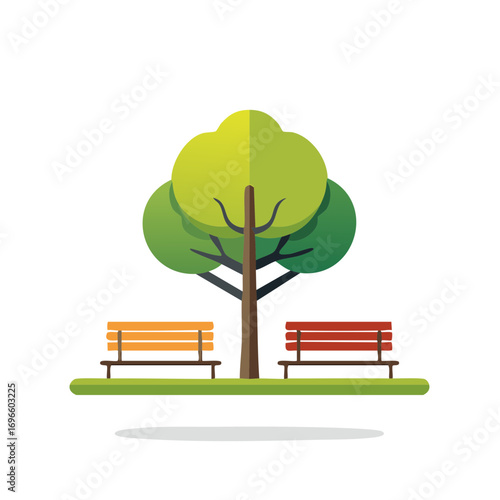 Flat design park scene with a large tree and two benches under its branches.