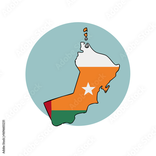 Oman map with the national colors in a vector design on a light blue circle backdrop graphic resource