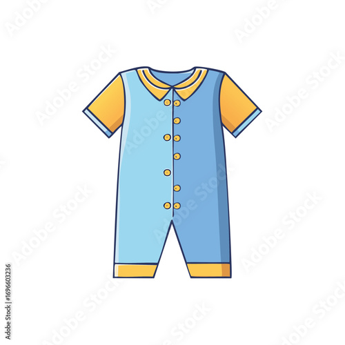 Light Blue and Yellow Baby Romper with Buttons and Short Sleeves Apparel Illustration