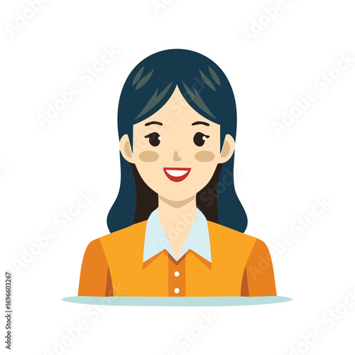 Illustration of a Cheerful Woman with Dark Hair Smiling Brightly Wearing an Orange Blouse