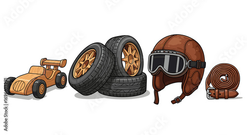 Vintage racing accessories featuring car, tires, helmet, and leather strap