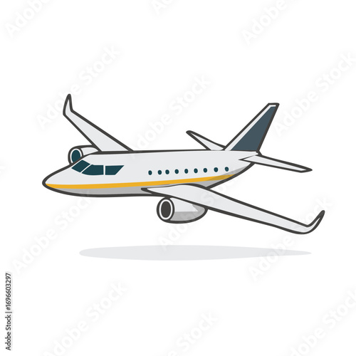 White passenger jet airplane with yellow stripe and two engines flying in cartoon style