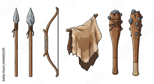 Prehistoric hunting and survival tools isolated on white background
