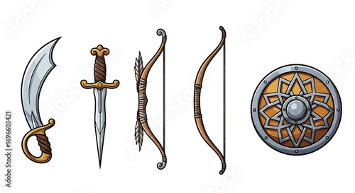 Cartoon Weapons Set with Sword, Dagger, Bows, and Shield Isolated